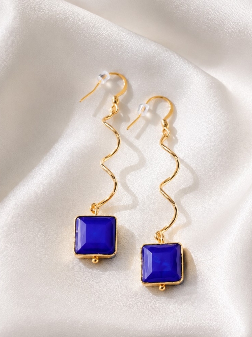 Gold-Tone Wavy Drop Earrings with Royal Blue Square Stones